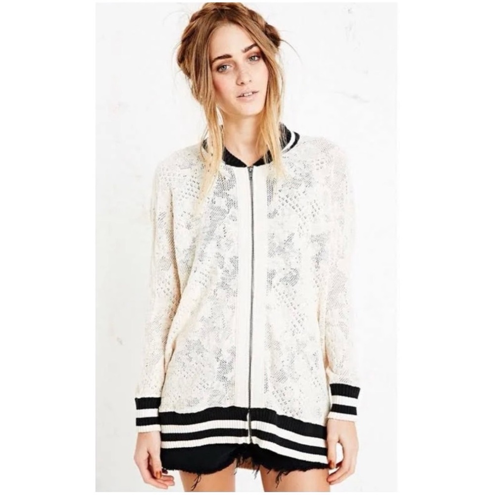 Free People Cream Lace Bomber Jacket with Black Striped Trim